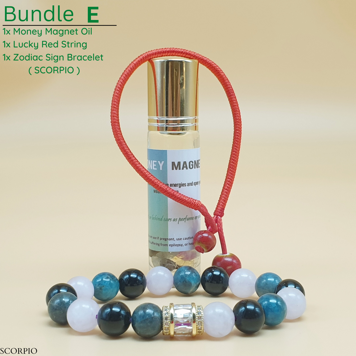 Bundle - E (Zodiac Sign Bracelet + Money Magnet Oil + Lucky Red String)