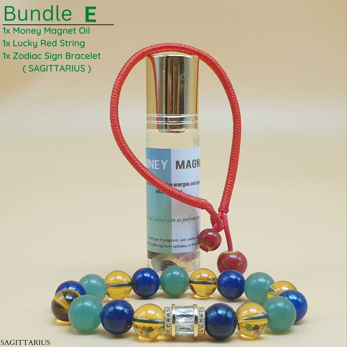 Bundle - E (Zodiac Sign Bracelet + Money Magnet Oil + Lucky Red String)