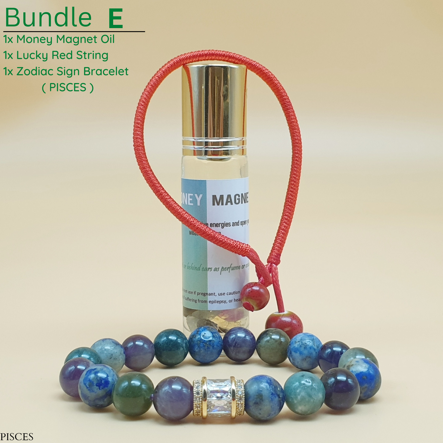 Bundle - E (Zodiac Sign Bracelet + Money Magnet Oil + Lucky Red String)