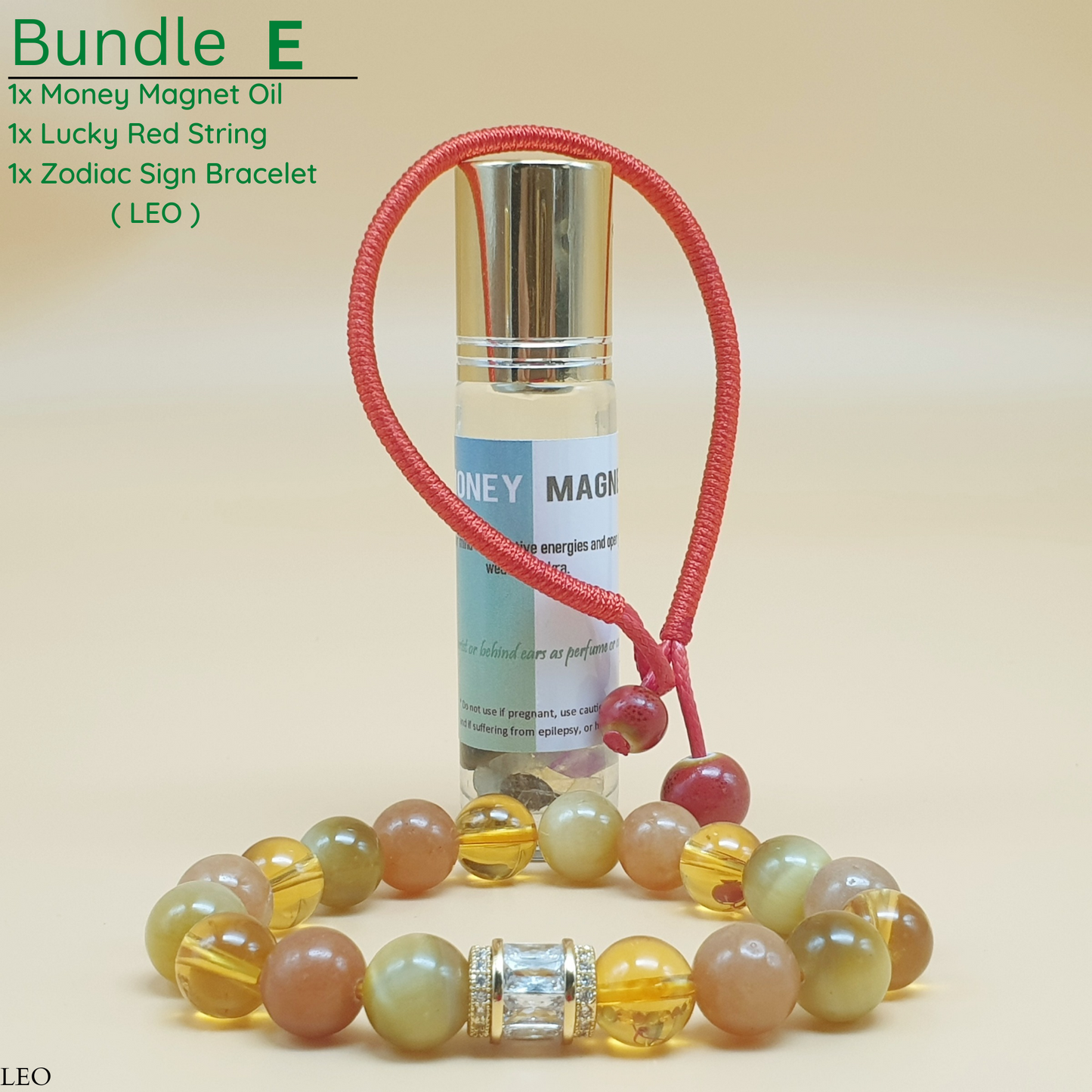 Bundle - E (Zodiac Sign Bracelet + Money Magnet Oil + Lucky Red String)