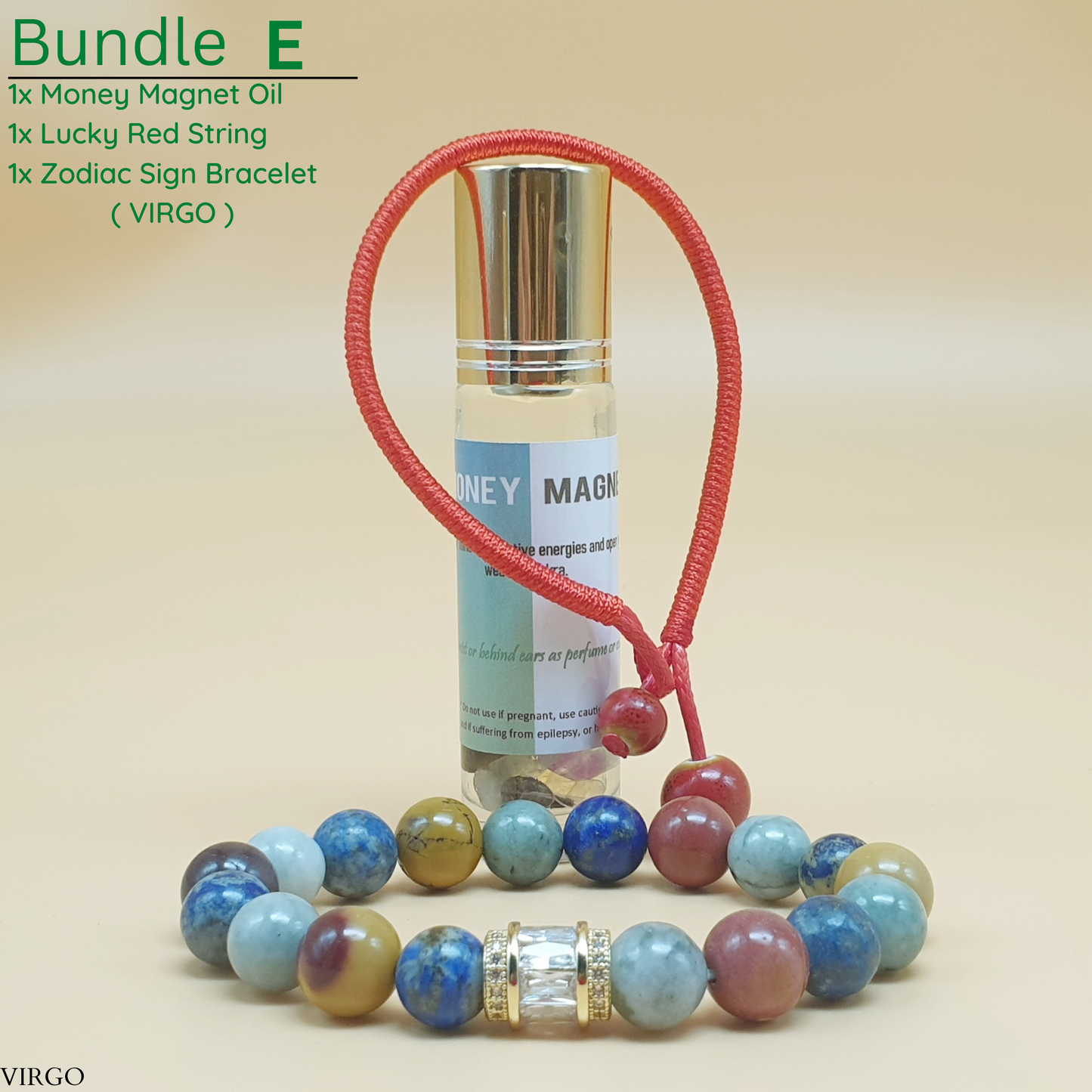 Bundle - E (Zodiac Sign Bracelet + Money Magnet Oil + Lucky Red String)