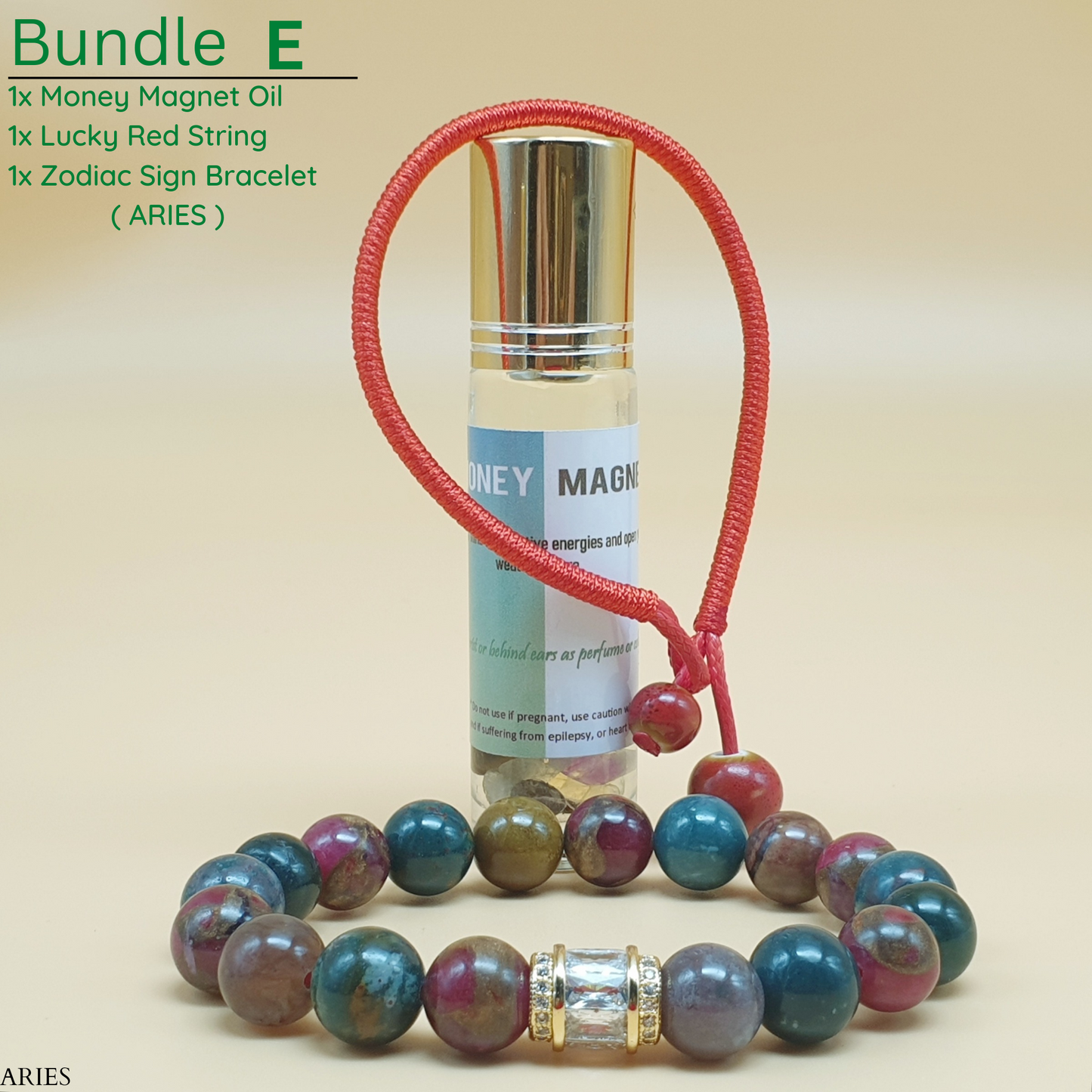 Bundle - E (Zodiac Sign Bracelet + Money Magnet Oil + Lucky Red String)