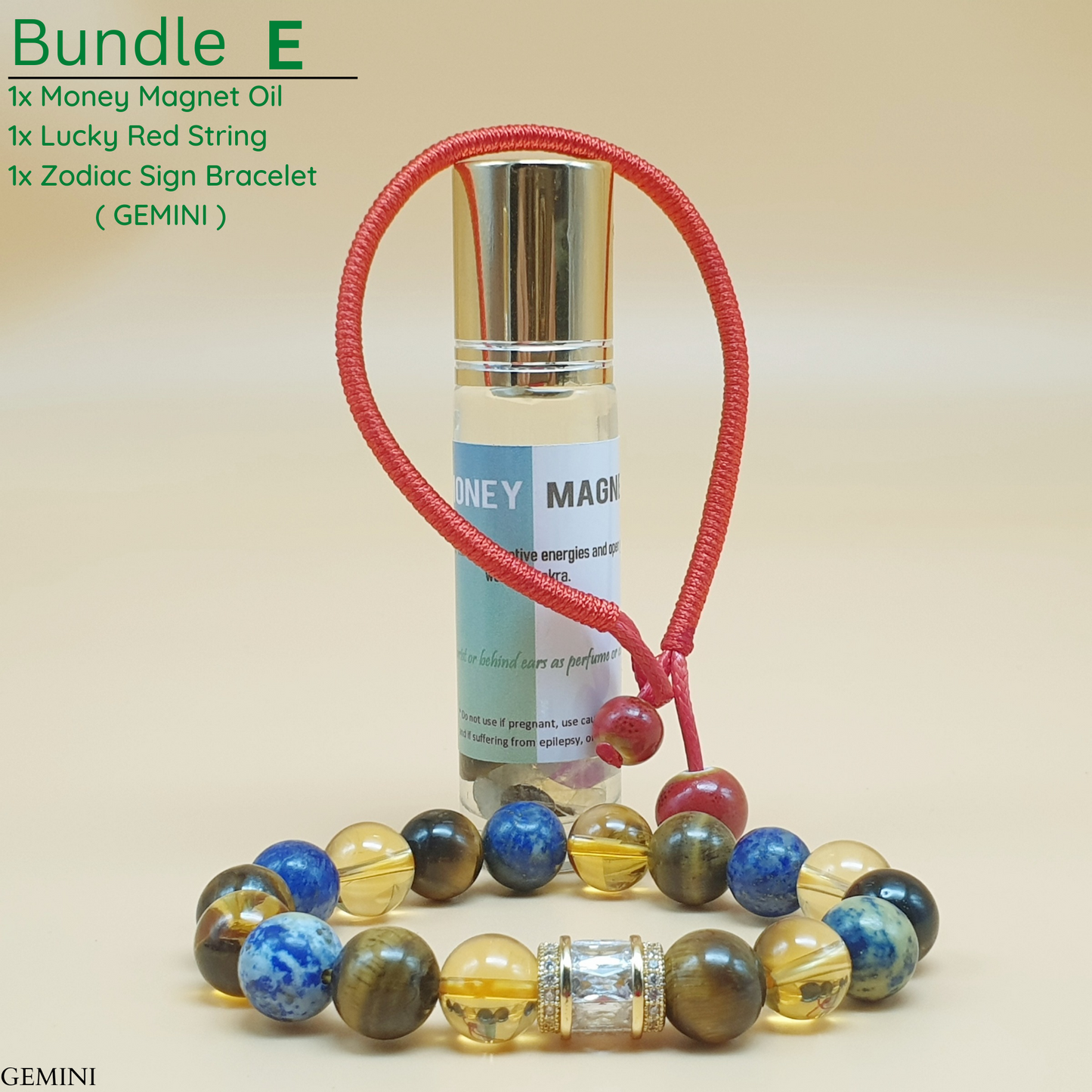 Bundle - E (Zodiac Sign Bracelet + Money Magnet Oil + Lucky Red String)