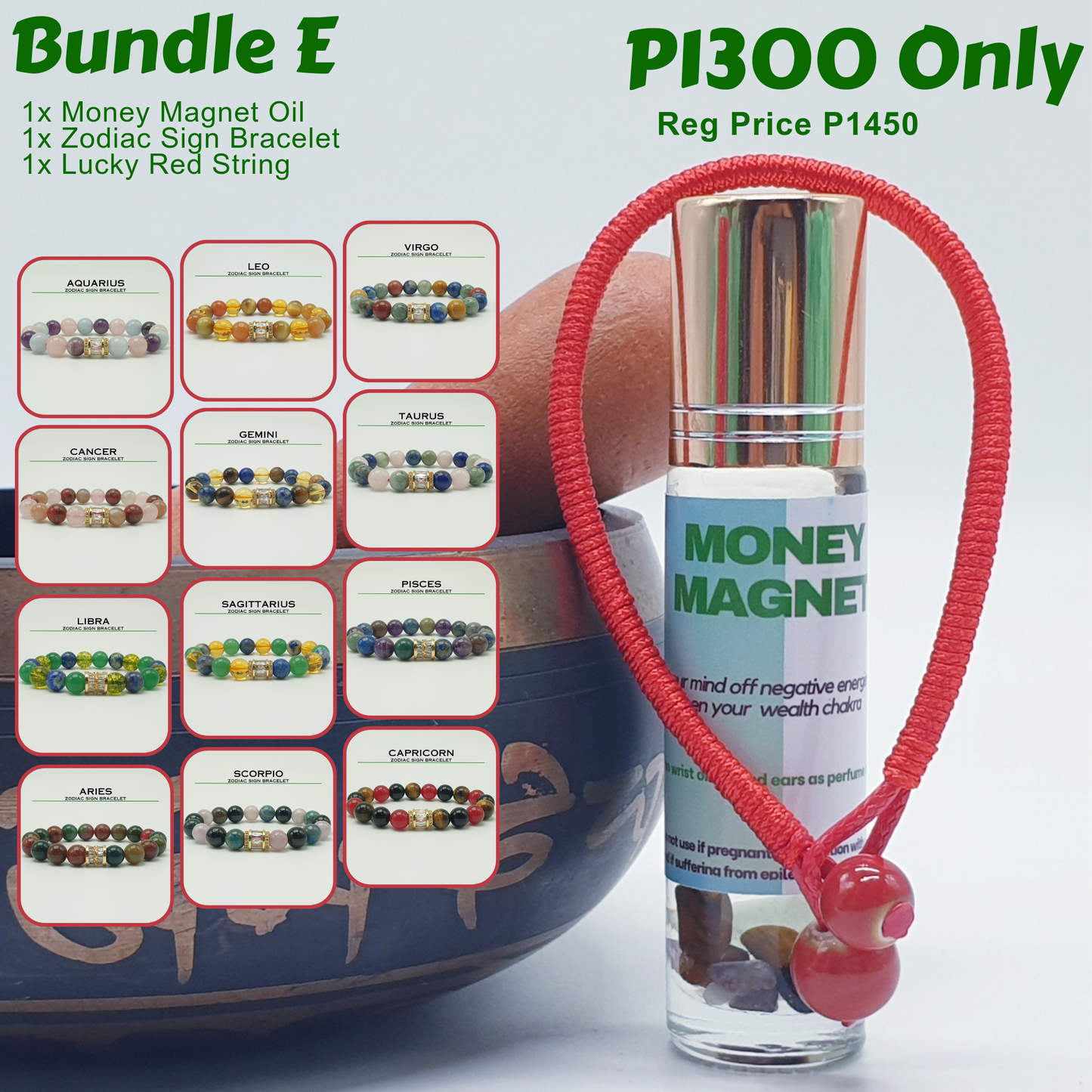 Bundle - E (Zodiac Sign Bracelet + Money Magnet Oil + Lucky Red String)