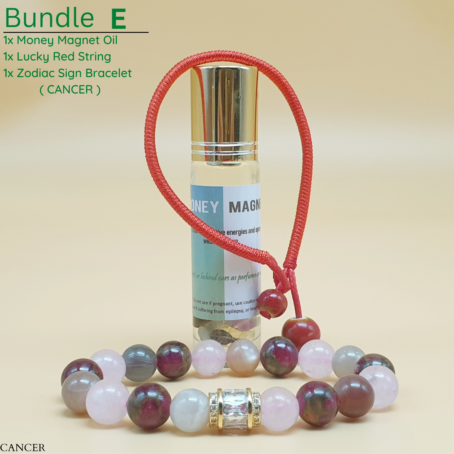 Bundle - E (Zodiac Sign Bracelet + Money Magnet Oil + Lucky Red String)