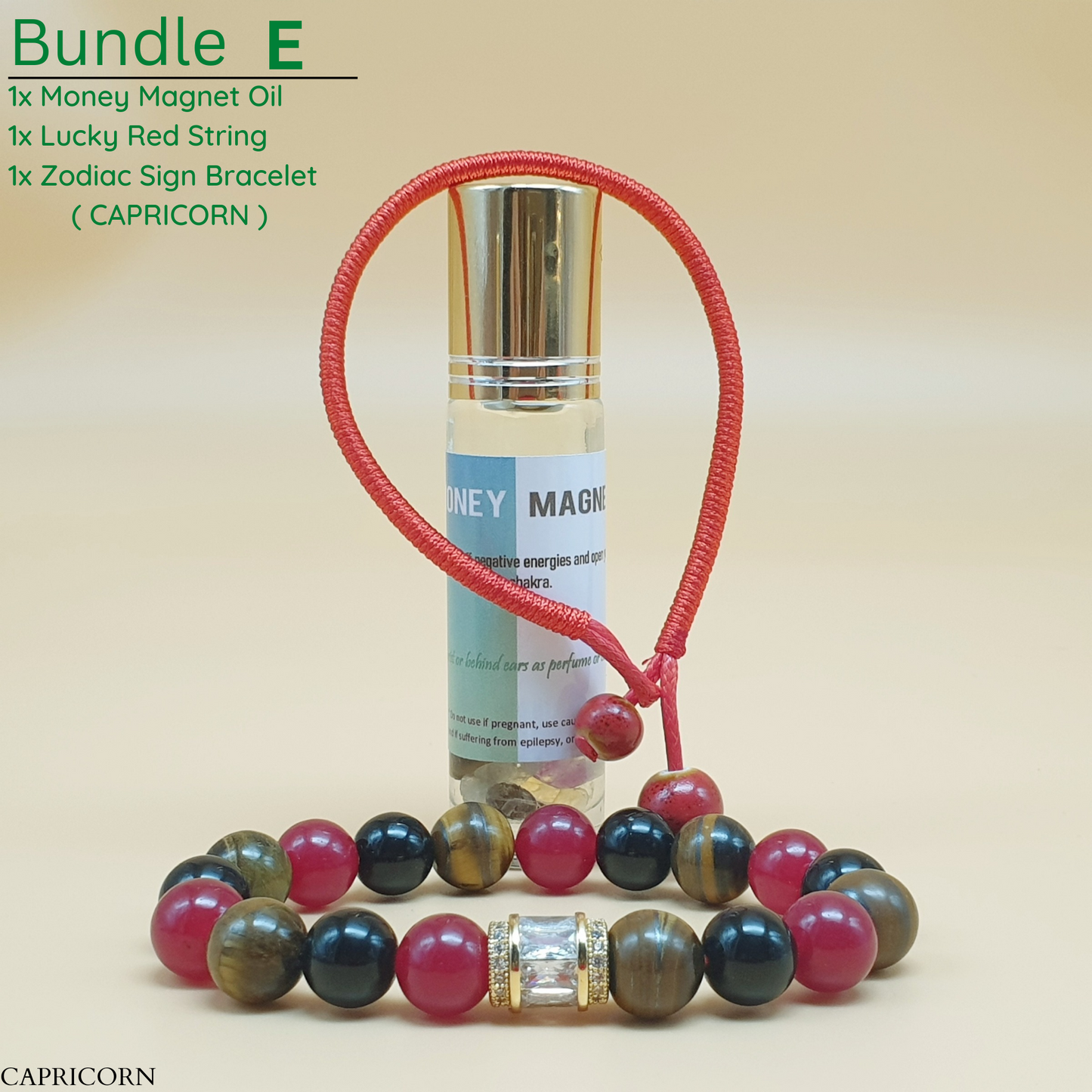 Bundle - E (Zodiac Sign Bracelet + Money Magnet Oil + Lucky Red String)